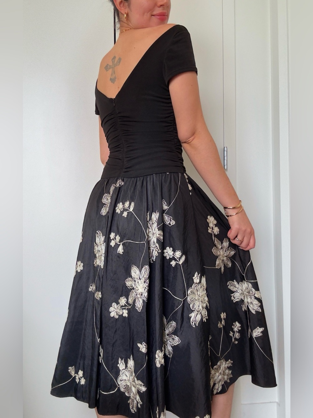 Black Embroidered Midi Dress Off Shoulder Fit & Flare Size 6